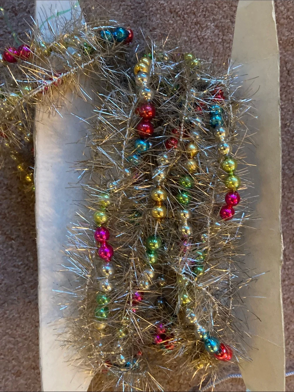 Antique VTG Mercury glass bead & tinsel garland 180” rare!  40s
